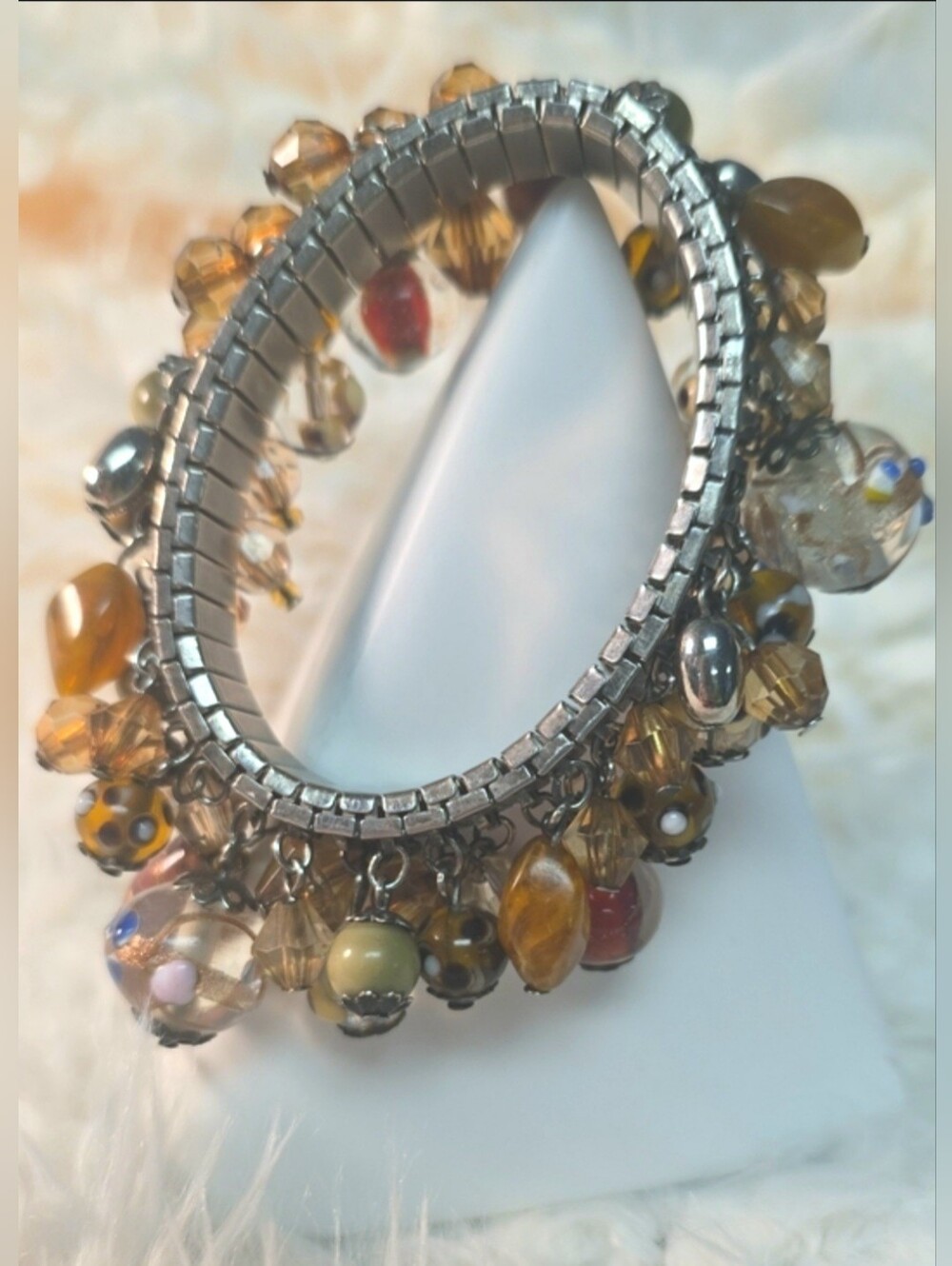 Vnt. 50/60s Cha Cha Expansion Bracelet W/Lampwork Wedding Cake Glass Beads